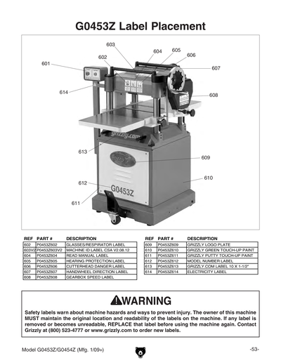 Parts for G0453Z 15