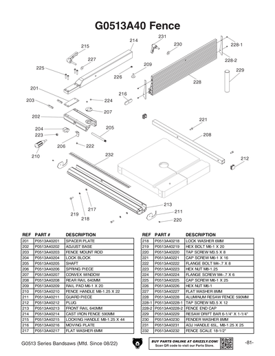 Parts for G0513X2 17