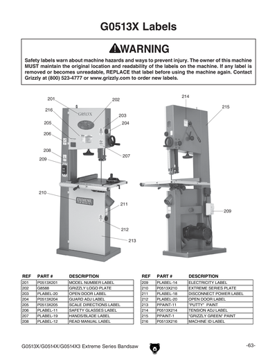 Part Diagram for G0513X