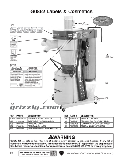 user_5816f61eオーダーページ Parts for G0861 2 HP Portable Cyclone Dust Collector - Grizzly