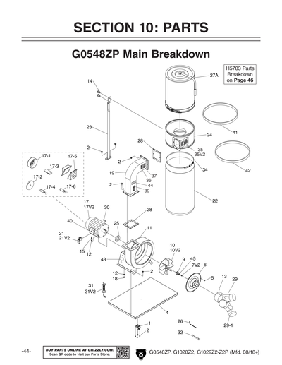 Parts for G1029Z2 2 HP Dust Collector with 2.5 Micron Bag and New