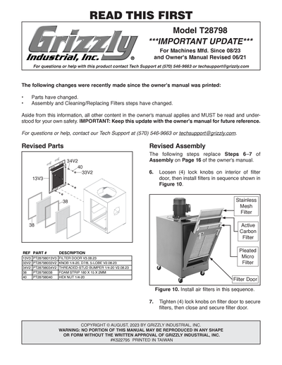 Parts for T28798 1-1/2 HP Metal Dust Collector - Grizzly