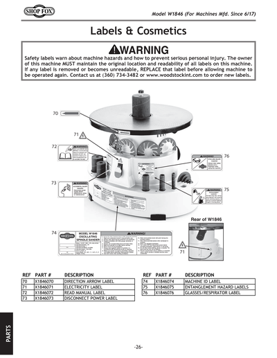 Parts for W1846 1/4 HP Benchtop Oscillating Spindle Sander