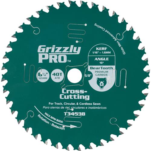 Image for Grizzly PRO T34538 - 6-1/2" x 5/8" 40T ATB Thin Kerf Crosscut Saw Blade
